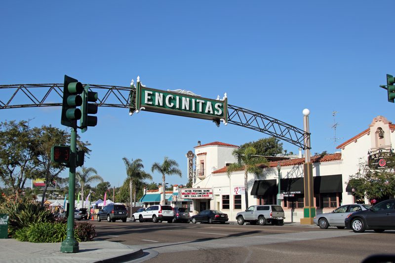 Downtown Encinitas sign with shops and palm trees